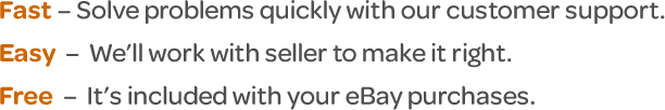 Fast - Solve problems quickly without customer support. Easy - We'll work with the seller to make it right. Free - It's included with your eBay purchases.